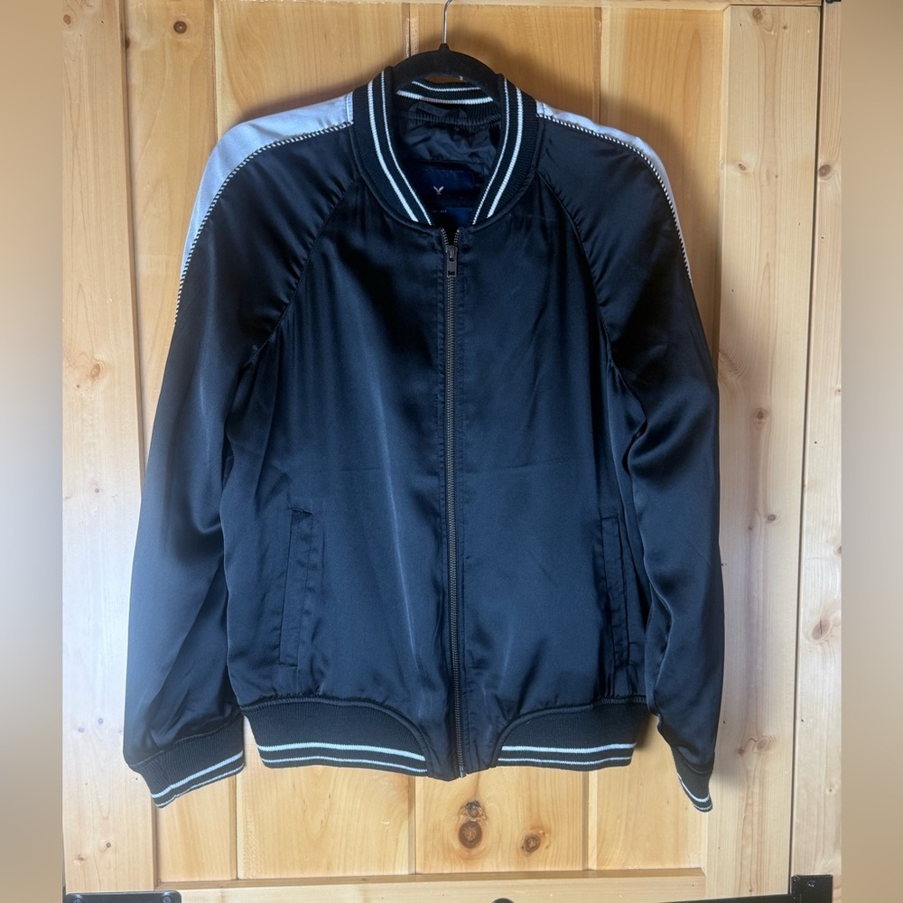 Vtg. American Eagle 90s Black White Satin Finish Zip Up Bomber Jacket Size Large - Picture 4 of 13
